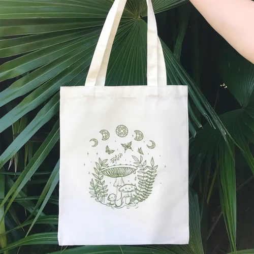 Miniatura 7 de THEYGE Bolsa de mano con diseño de hongos, estética, vintage, divertida, de lona de algodón, reutilizable, para compras, playa, bolsa de hombro Verde
