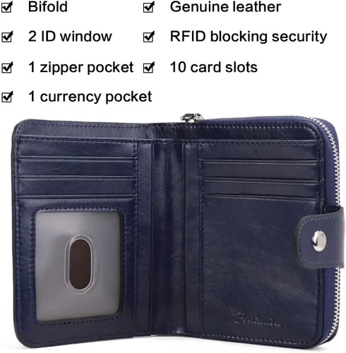 Miniatura 3 de BOSTANTEN - Billeteras de piel para mujer, con bloqueo RFID, con cremallera y bolsillo, billetera pequeña de dos cuerpos, con tarjetero