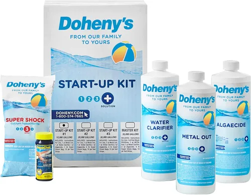 Doheny's Kit de inicio de apertura de piscina, fabricado en Estados Unidos, incluye salida de metal, control de algas, clarificador y súper impacto,