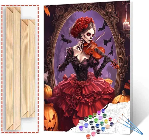 Miniatura 37 de Pintura por números para parejas tomadas de la mano, para adultos, principiantes, Día de los Muertos, Esqueleto, Pintura por números sobre lienzo