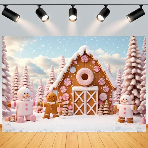 Yeele Fondo de fotografía de pueblo de Navidad de 5 x 3 pies, dibujos animados, hombre de jengibre, hogar de galletas, fondo de invierno, nieve,