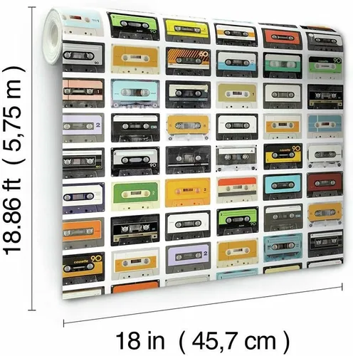 Miniatura 8 de RoomMates Papel tapiz de casetes retro de colores para despegar y pegar, 18 pulgadas x 18.9 pies, rojo, extraíble reposicionable, sin residuos