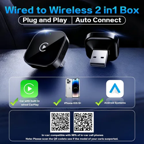 Miniatura 2 de Mini Adaptador Inalámbrico CarPlay para iPhone, 2 en 1 para Apple CarPlay y Adaptador Android Auto, Convierte de Cableado a Inalámbrico, Plug & Negro