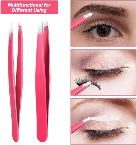 Miniatura 4 de Mudder Juego de 12 pinzas para cejas para vello facial, pinzas de punta inclinada de acero inoxidable a granel para hombres y mujeres (rojo rosa)