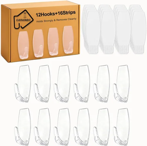 Ganchos transparentes grandes, 12 ganchos, 16 tiras, Gancho de pared transparente con tiras removibles, Organiza sin daños, Se quita limpiamente,