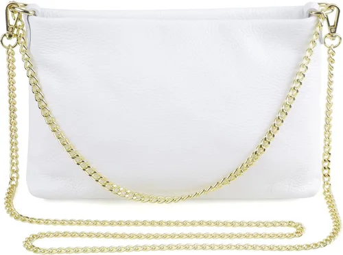 Dasein Bolso italiano de cuero genuino para mujer, bolso de noche de embrague, correa de cadena dorada, bolso cruzado