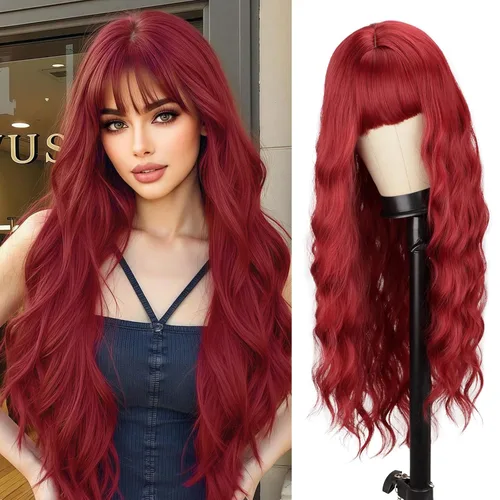 Miniatura 22 de Peluca larga de color rubio ceniza con flequillo, pelucas onduladas y rizadas gris rubio de aspecto natural, peluca de fibra sintética resistente al