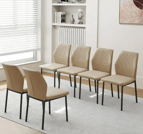Miniatura 39 de Juego de 4 sillas de comedor de piel sintética marrón, cómodas sillas de cocina tapizadas sin brazos con patas de metal negro para sala de estar