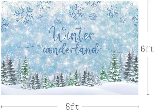 Miniatura 3 de MEHOFOND Telón de fondo de invierno de 8 x 6 pies, diseño de copo de nieve azul, fondo de fotografía de bosque con purpurina para decoración
