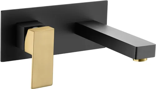 SUMERAIN Grifo de lavabo de baño de montaje en pared, acabado negro y dorado con mango para zurdos y válvula de instalación en bruto