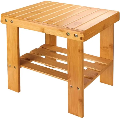 ASelected Taburete de ducha de bambú pequeño de madera de 13 pulgadas, taburete de madera impermeable con estante de almacenamiento para espacios