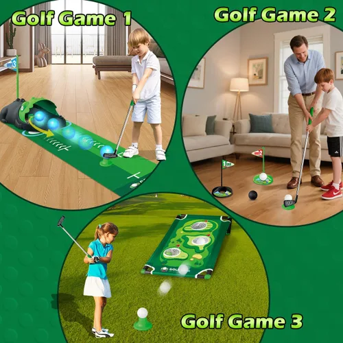 Miniatura 5 de TERRAMUS Juego de golf 3 en 1 para niños con devuelvedor automático de dinosaurio, tablero de Cornhole de golf, bolas con luz LED, alfombra de putt