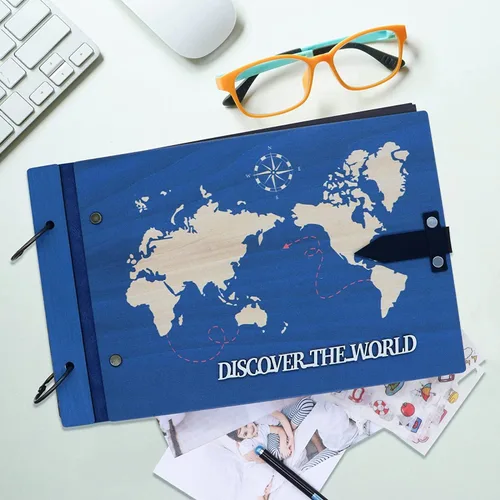 Miniatura 7 de ZEEYUAN Regalo del Día del Padre de Esposa/Hija/Hijo Álbum de Libro de Recortes de Madera Mapa del Mundo Diario de Viaje Libro de Recortes Nuestro
