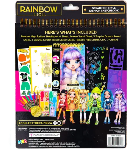 Miniatura 9 de Horizon Group USA 210933 - Cuaderno de bocetos de moda Rainbow High Scratch 'n Style, arte para rascar, libro para colorear, incluye plantillas