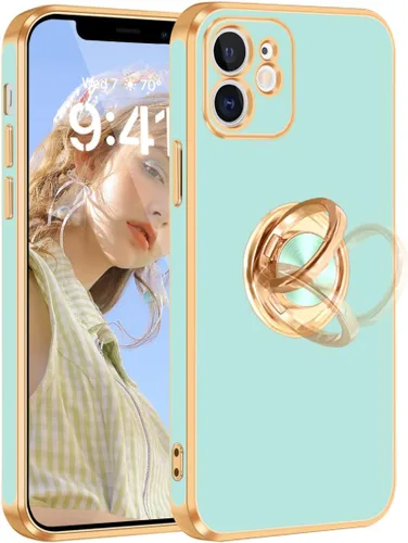 Miniatura 15 de Fingic Funda para iPhone 12 con Soporte de Anillo, [Soporte de Anillo Giratorio de 360° Magnético con Base] [Borde Dorado Brillante con Enchapado]
