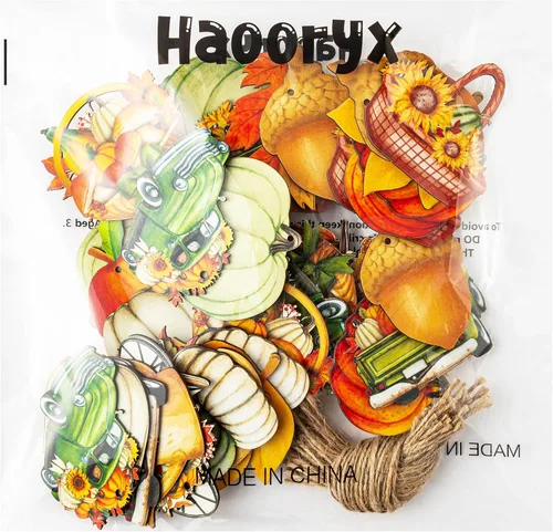 Miniatura 7 de Haooryx Adorno colgante de madera de acuarela de otoño, 46 piezas de calabaza de otoño, hojas de arce, flores de madera, colgante decorativo
