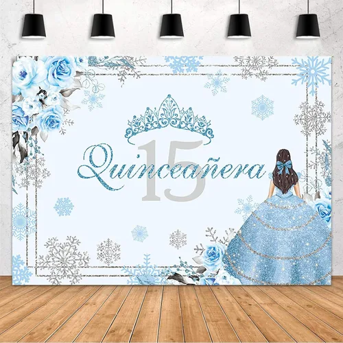 MEHOFOND Telón de fondo de quinceañera de invierno de 7 x 5 pies para niña, Mis membrillo Anos, decoración de fiesta de cumpleaños de 15 años, Azul