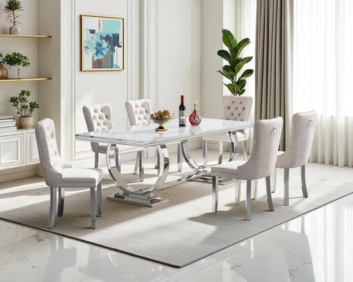 Miniatura 59 de Moderno juego de mesa de comedor de mármol sintético de 68.11 pulgadas para 6, mesa de comedor de mármol blanco y plateado con 6 sillas de Blanco
