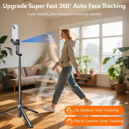 Miniatura 3 de Trípode con palo de selfie de 71 pulgadas para iPhone/Android, trípodes de seguimiento automático facial con luz, estabilizador gimbal fuerte