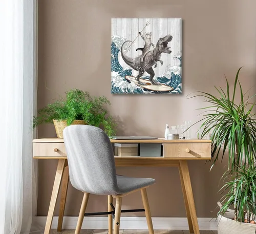 Miniatura 3 de WWN Divertido arte de pared de dinosaurio para montar en gato, divertido arte de pared de T-Rex Surfing, pintura para decoración de pared, póster