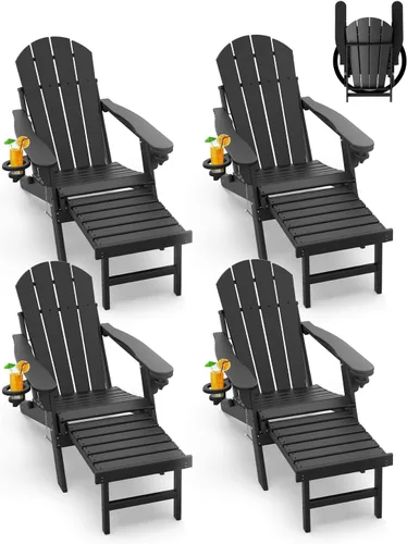 Miniatura 25 de GREENVINES Sillas Adirondack con Otomano Juego de 2 Grano de Madera Plegable Reposapiés Retráctil Plástico HDPE Silla para Hoguera Todo