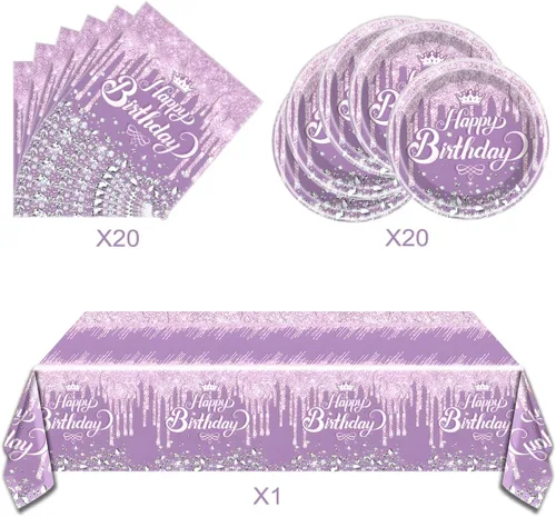 Miniatura 3 de Juego de vajilla para fiesta color morado, tema de Feliz Cumpleaños morado, 20 platos y 20 servilletas y manteles de 71'' x 42'' para niñas