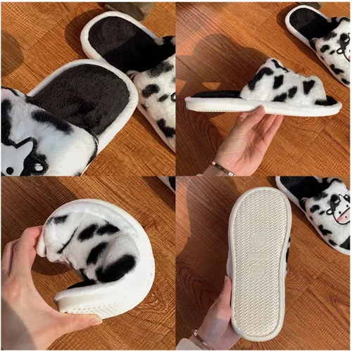Miniatura 4 de Pantuflas Kawaii de vaca peluda para mujer, cómodas, con puntera abierta, lindas sandalias de invierno de animales
