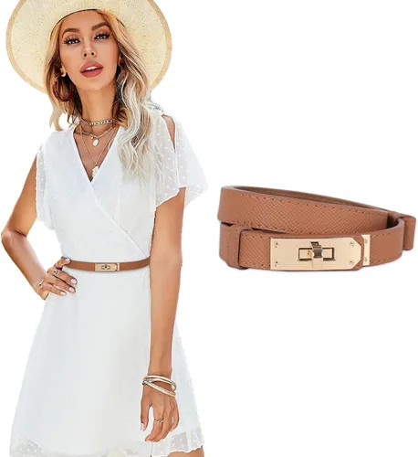 Miniatura 373 de Cinturón de cuero clásico con hebilla de metal para mujer con vestido de jeans
