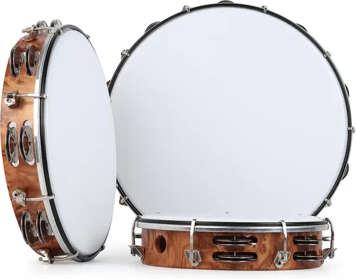 Miniatura 6 de MUSCELL Pandereta para adultos, pandereta de plástico de mano con tambor de doble fila de cascabeles metálicos, instrumento musical - 8 pulgadas