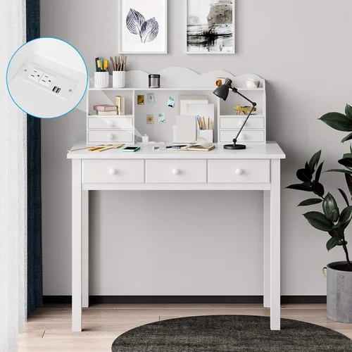 Miniatura 11 de ADORNEVE Pequeño Escritorio Blanco con Estante Superior y Puertos USB, Escritorio de Oficina en Casa de 31.5 Pulgadas con Cajones, Mesa de Estudio
