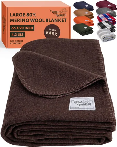 Woolly Mammoth Woolen Company Manta de Lana - 66 x 90 pulgadas, Corteza, 80% Lana Merino - Mantas de Campamento para Clima Frío - Durabilidad de