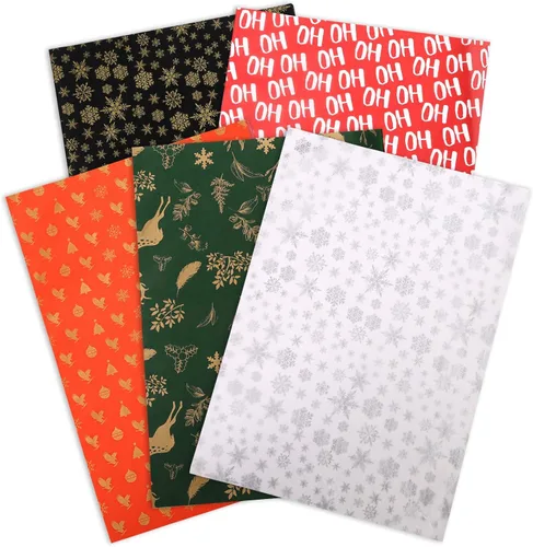 Miniatura 4 de PAPER FAIR HoHoHo - Juego de 100 hojas de papel de seda de regalo verde vintage dorado y plateado, papel de seda de copo de nieve HoHoHo, para caja