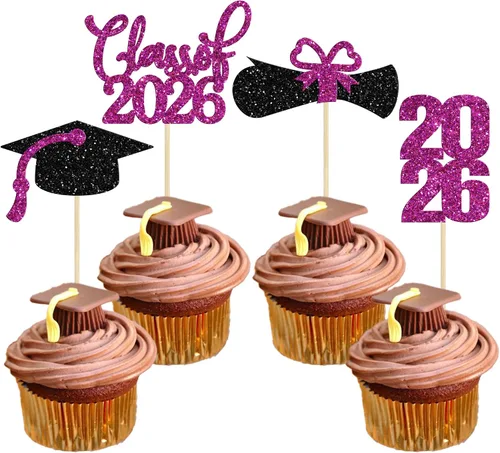Miniatura 41 de 24 piezas 2026 decoraciones para cupcakes de graduación 2026 con purpurina clase de 2026 para graduación de graduación para felicitaciones 2026