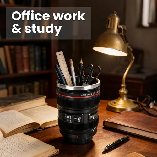 Miniatura 5 de Taza de café con lente de cámara, a prueba de fugas, 13.5 onzas, SUS-304, taza de viaje de acero inoxidable con cuchara, sin BPA, tapa para Negro