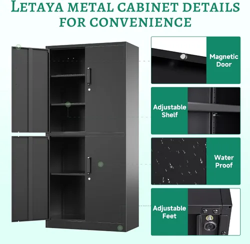 Miniatura 7 de Letaya - Armario de almacenamiento de metal con puerta con cerradura, estantes ajustables de acero para oficina, hogar, despensa, cocina, armario
