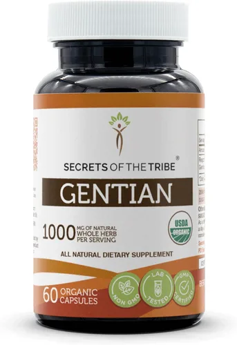 Secrets of the Tribe Genciana 60 cápsulas, 1000 mg, USDA Organic Cultivado responsablemente Genciana (Gentiana Lutea) raíz seca (60 cápsulas)