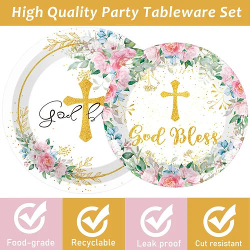 Miniatura 3 de 96 piezas de platos de flores con la frase "God Bless" para fiesta, decoración temática de bautizo, platos de papel y servilletas para primera