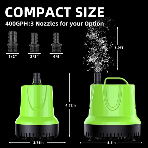 Miniatura 3 de FREESEA Bomba de agua sumergible para fuente: bomba de sumidero pequeña de 330 GPH 25W para estanque al aire libre, estatuario hidropónico, cascada