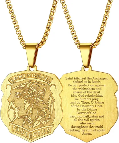 Miniatura 20 de FaithHeart Collar de San Miguel, acero inoxidable, chapado en oro de 18 quilates, amuleto colgante de San Miguel Arcángel para hombres y mujeres
