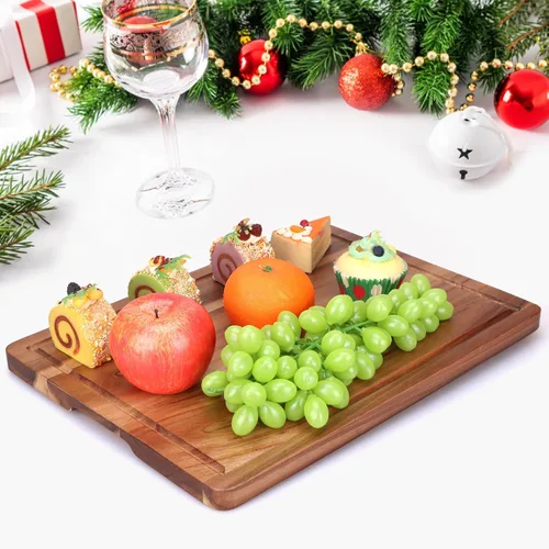 Miniatura 5 de Tabla de cortar de madera de acacia para cocina, tabla de cortar de madera con mango lateral y ranura para jugo, tabla de tallar de 15 x 11