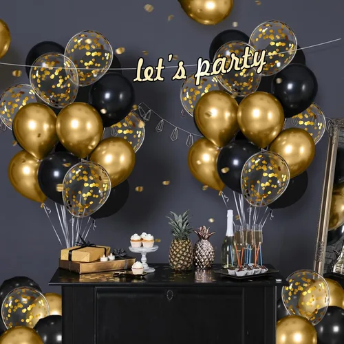 Miniatura 7 de Globos negros y dorados, 60 unidades de 12 pulgadas, globos de confeti negros metálicos dorados para decoraciones de graduación, aniversario 2025