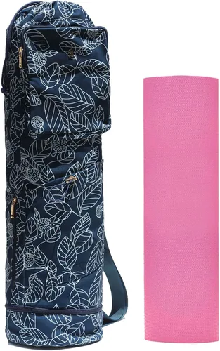 Miniatura 13 de ESVAN Bolsa para esterilla de yoga con múltiples bolsillos. Bolsa de transporte con cordón para esterilla de yoga, Pilates, ejercicio. Bolsa de Lino