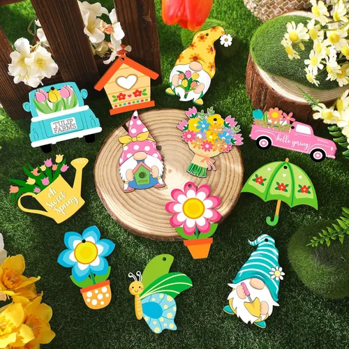 Miniatura 4 de Ferraycle 36 adornos de flores de primavera, adornos florales para árbol de Pascua, tulipanes de madera para colgar, decoraciones de gnomos