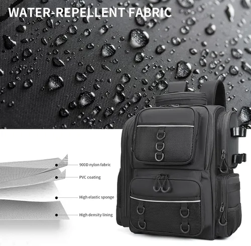 Miniatura 4 de WANOON - Mochila para pesca, bolsa de pesca con soportes para cañas. Mochila de aparejos grande con materiales resistentes Negro
