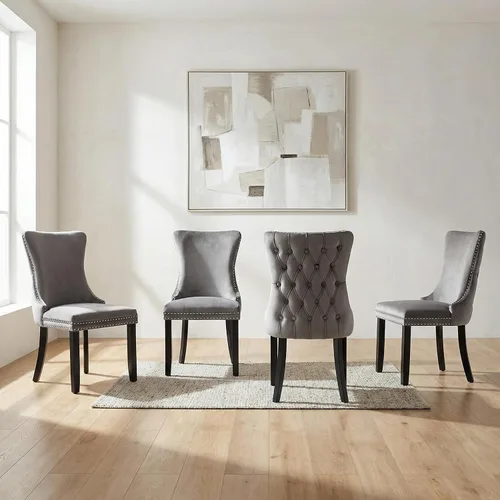 Miniatura 15 de OVENTA Juego de 4 sillas de comedor modernas tapizadas con respaldo completo, sillas de comedor de terciopelo dorado con patas de madera maciza