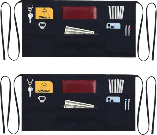 Delantales de camarero con 7 bolsillos con bolsillo con cremallera (paquete de 2) - Delantales para mujeres y hombres - Medio delantal de cintura