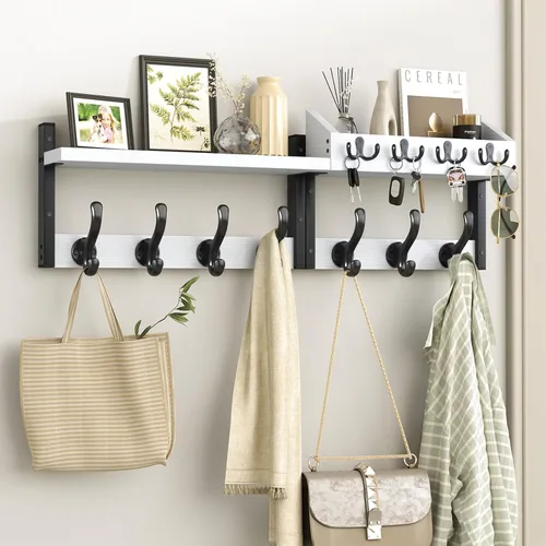 Miniatura 9 de Evermagin Perchero de Pared de 29" con Estante, Perchero y Colgador de Llaves 4 en 1 con 11 Ganchos de Metal, Estante de Entrada Montado en la Pared