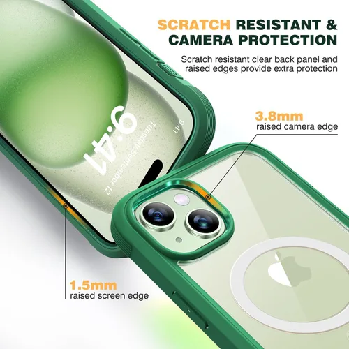 Miniatura 5 de Diaclara - Funda diseñada para iPhone 15 Plus de 6.7 pulgadas, compatible con MagSafe, magnética y resistente, con protector de pantalla Verde