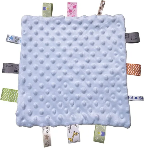 Baby Tags - Manta de seguridad con etiquetas de colores, manta sensorial cuadrada, 10 x 10 pulgadas, para bebés de 3 a 12 meses (azul)