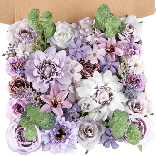 Miniatura 9 de AmyHomie - Juego de flores artificiales color rosa pálido y champán, flores de seda falsas, peonías, rosas con tallo para bricolaje, ramos de boda